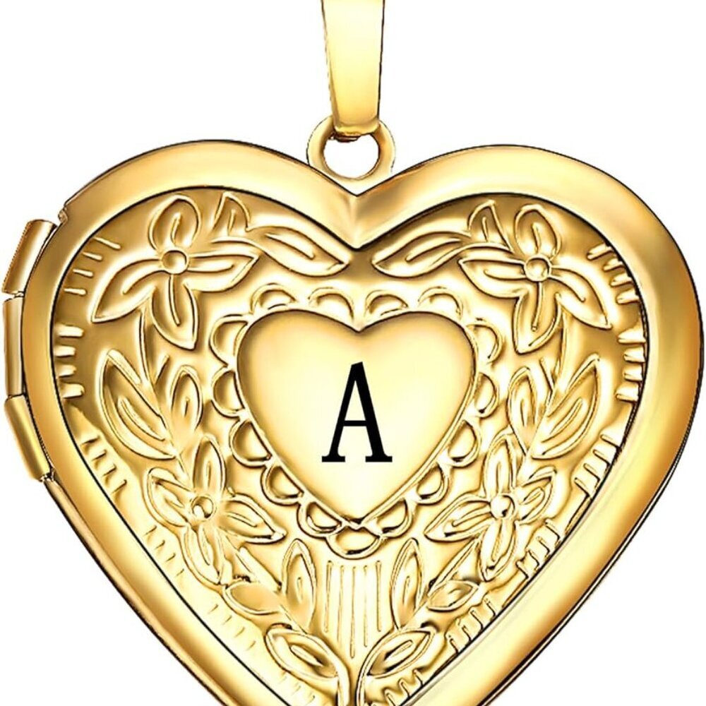 Love Heart Locket Necklace That Holds Pictures, Initial Alphabet A-Z Photo Locke